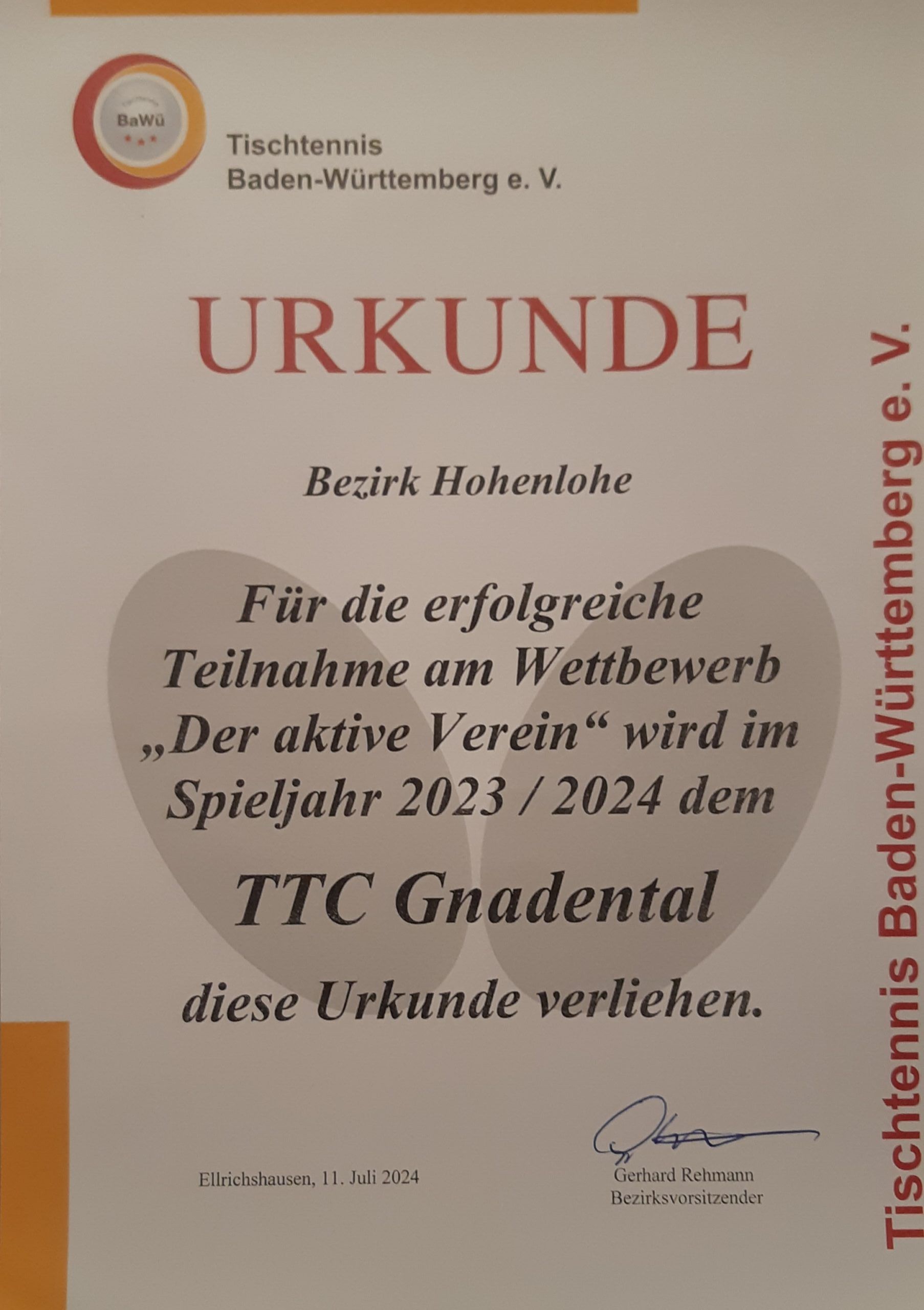 Read more about the article Auszeichnung als Aktiver TT-Verein