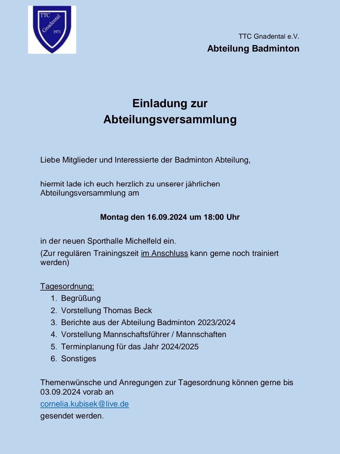 Read more about the article Einladung zur Abteilungsversammlung Badminton 2024